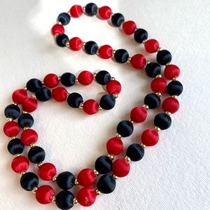 Vintage Red & Black Silk Beads with Gold Accent Beads Single Strand Necklace